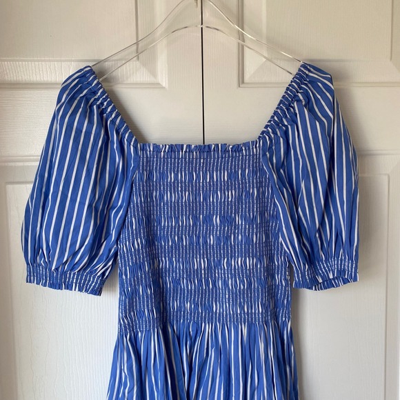 Madewell Smocked Puff Sleeve Midi Dress Womens XS Blue Striped Poplin Coastal - Picture 2 of 8